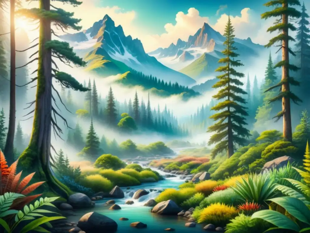 Pintura detallada de un exuberante bosque vibrante, lleno de vida