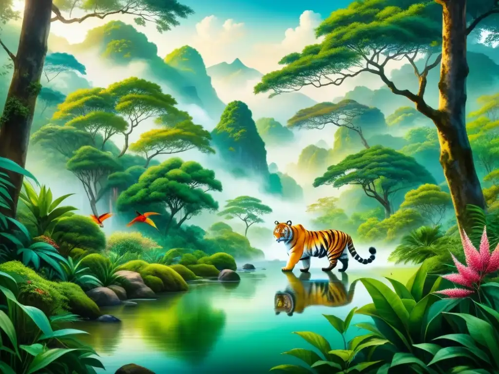 Pintura acuarela detallada de un exuberante bosque asiático con flora y fauna diversa reflejando armonía en el medio ambiente