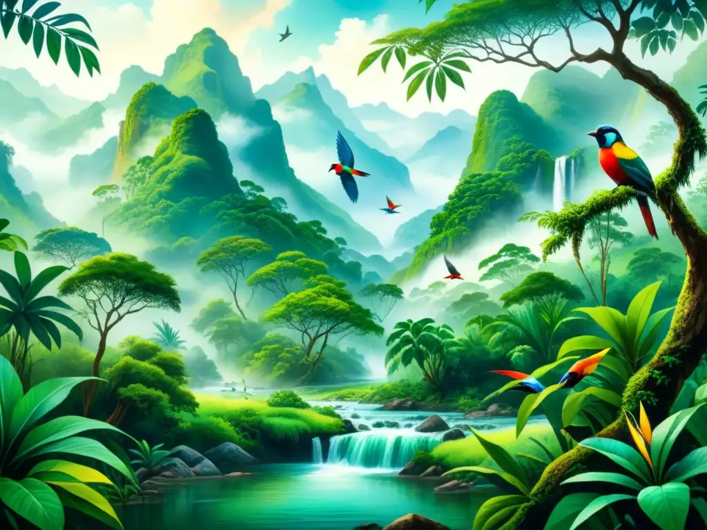 Una pintura detallada de una exuberante escena de selva tropical con aves exóticas coloridas, un arroyo cristalino y montañas envueltas en neblina