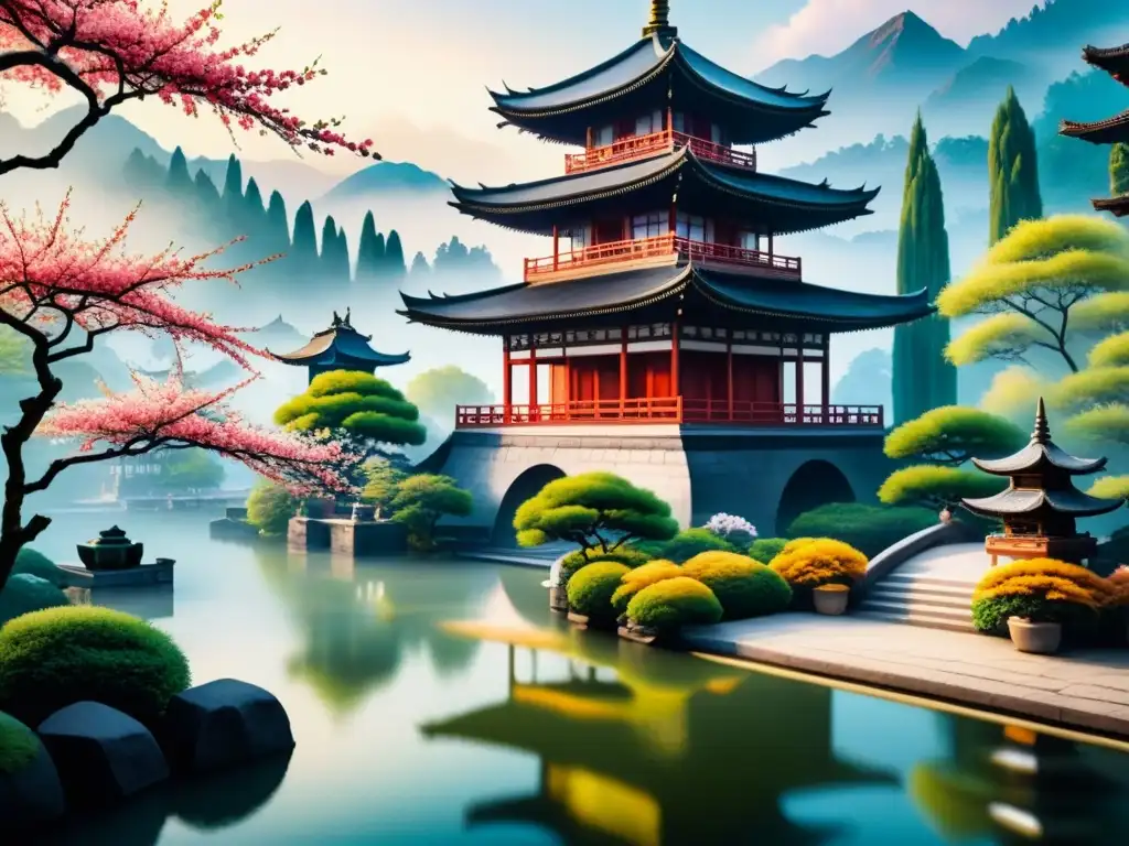 Pintura acuarela detallada de un exuberante jardín oriental con influencias orientales en el Modernismo