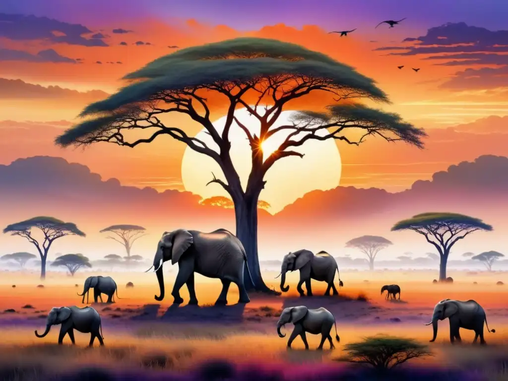 Pintura acuarela detallada de una exuberante sabana africana al atardecer, con animales y un árbol baobab