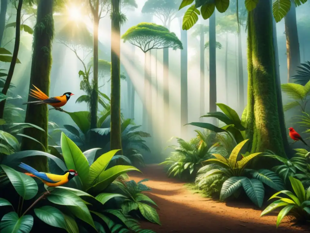 Una pintura acuarela detallada de una exuberante selva tropical, rebosante de vida y color