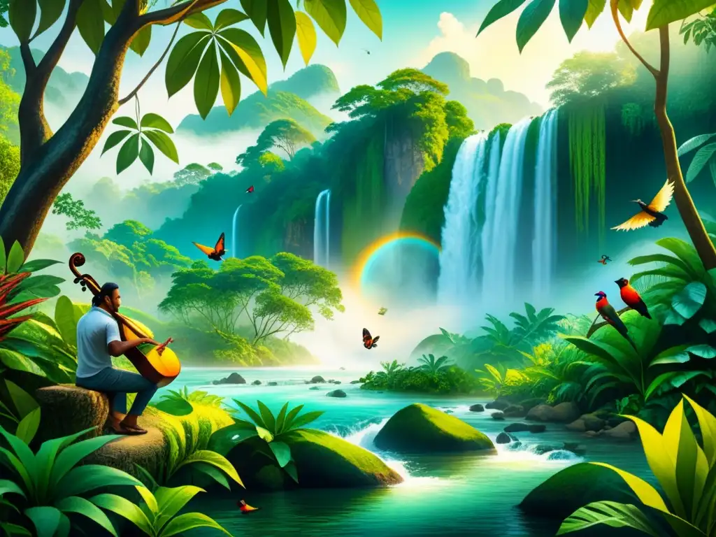 Una pintura acuarela detallada de una exuberante selva con músicos indígenas y fauna colorida