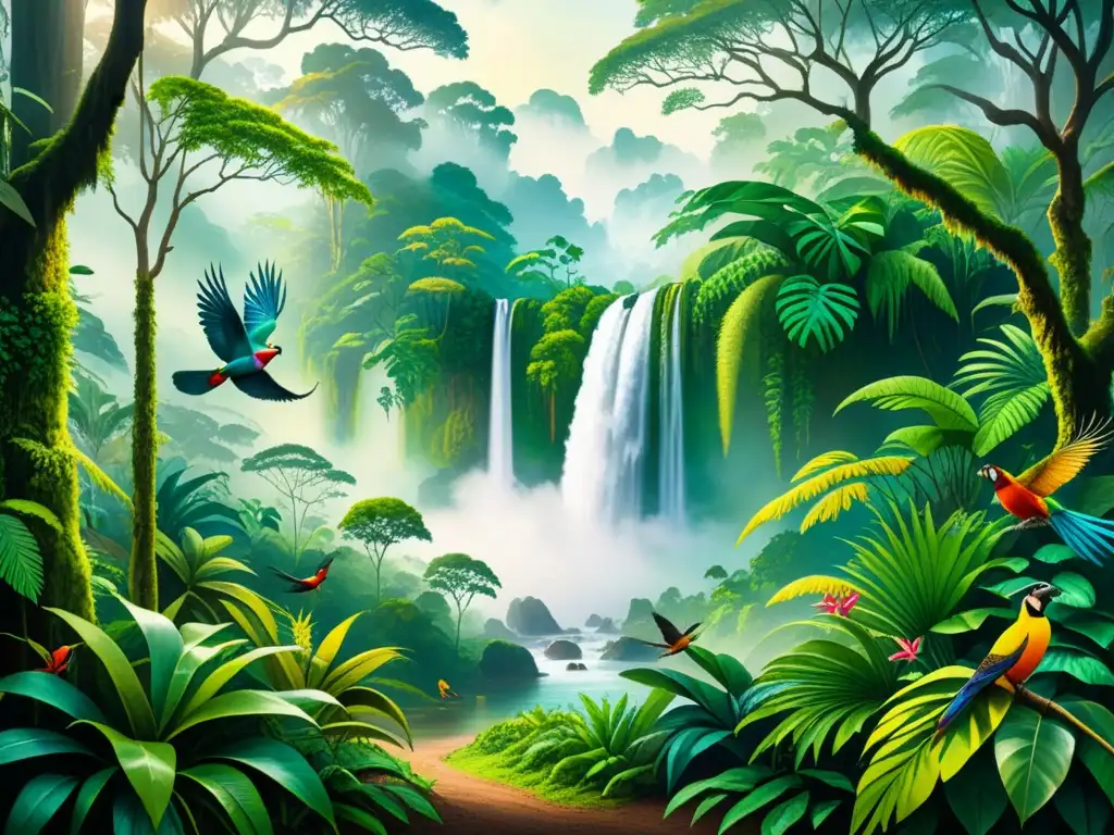 Una pintura detallada de una exuberante selva tropical, con cascada, aves y animales en su hábitat natural