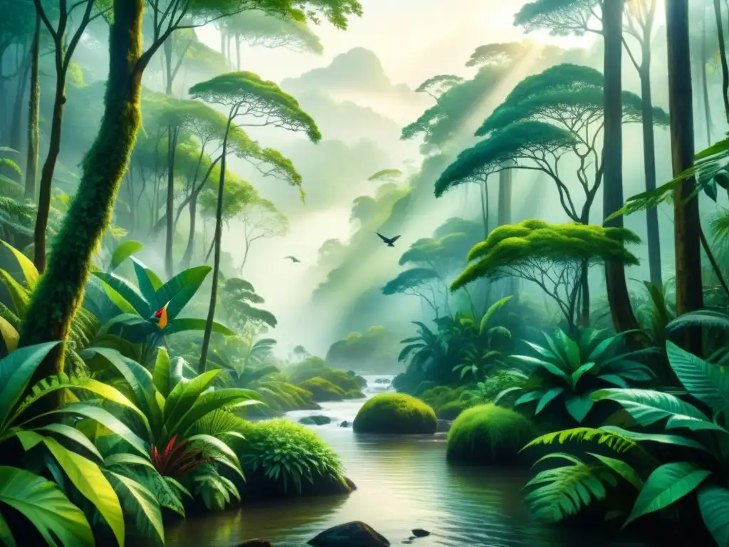 Una pintura acuarela detallada de una exuberante selva vibrante, repleta de vida