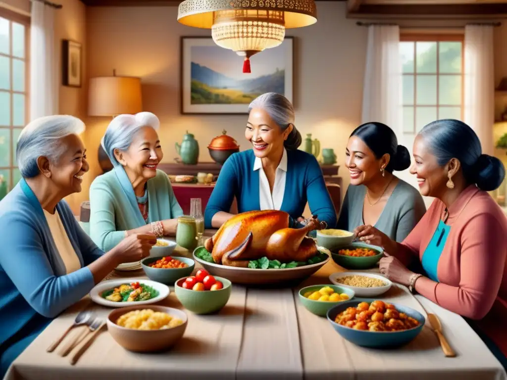 Pintura detallada de una familia diversa reunida alrededor de una mesa, mostrando generaciones y culturas diferentes