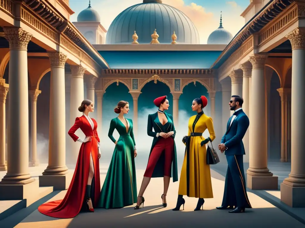 Obra maestra Mannerista: diálogos dramáticos en acuarela Una pintura acuarela detallada muestra figuras elegantes en poses exageradas, en un escenario arquitectónico manierista