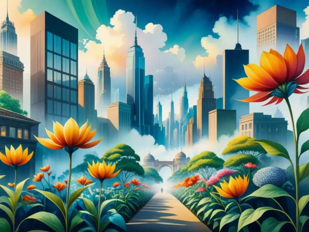 Pintura acuarela detallada con flores vibrantes y paisajes urbanos, simbolizando la compleja relación entre arte, naturaleza y sociedad en un contexto postmoderno