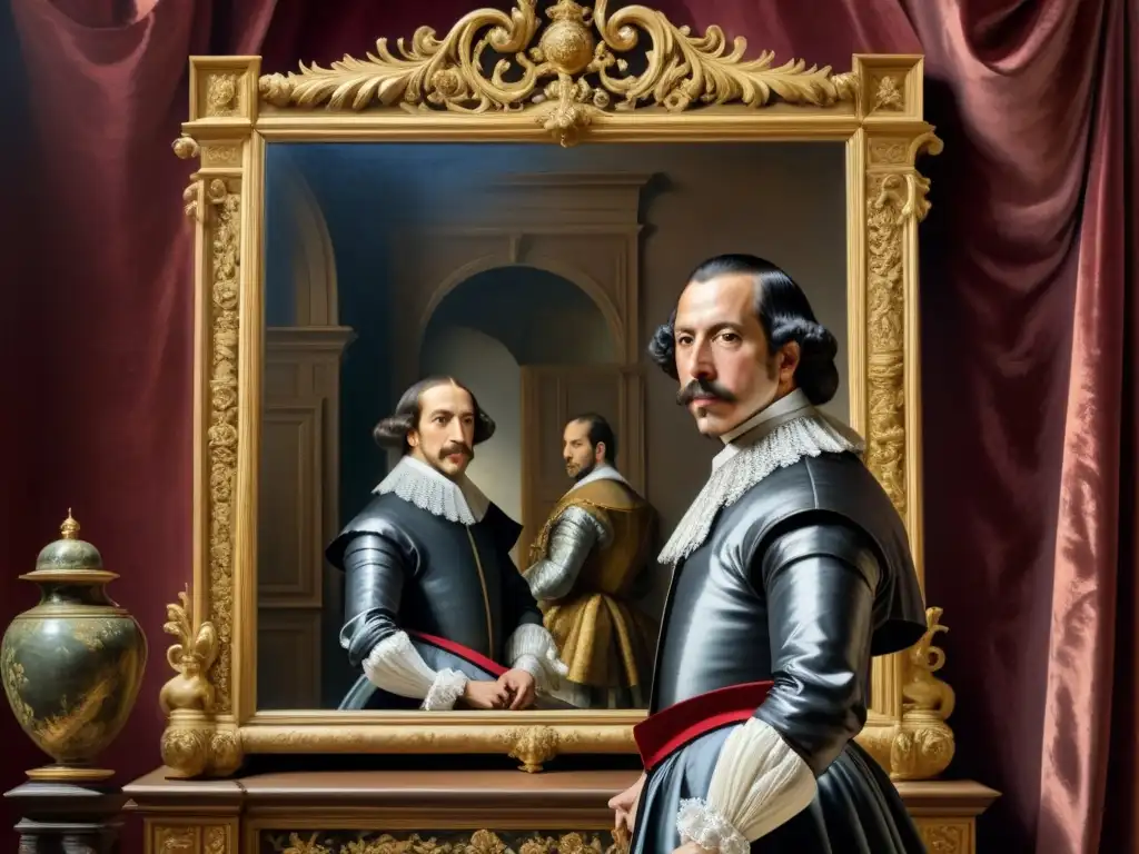 Pintura detallada de Diego Velázquez y la corte española Pintura detallada de Diego Velázquez frente a un espejo barroco, reflejando la corte española