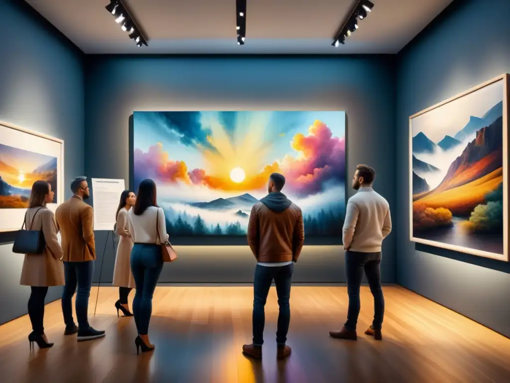 Pintura detallada de una galería moderna con personas diversas admirando una pintura en blanco