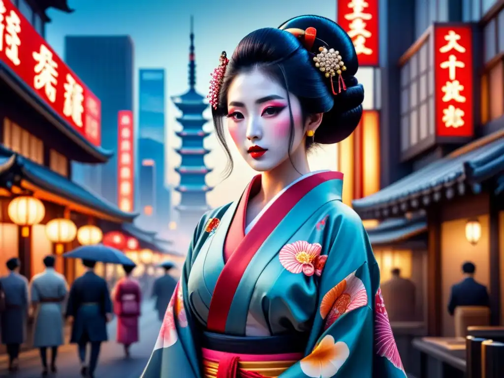 Pintura detallada de una Geisha con kimono fusionando tradición y modernidad en el arte asiático contemporáneo reimaginando íconos