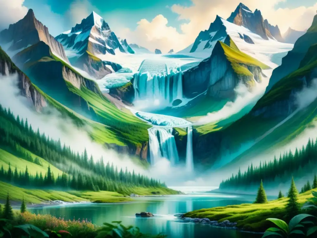 Pintura detallada muestra glaciar derritiéndose y bosque exuberante, reflejando la influencia del cambio climático en arte contemporáneo