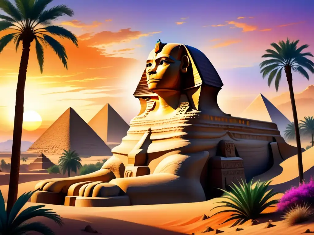 Pintura detallada del Gran Esfinge de Giza en un vibrante atardecer egipcio