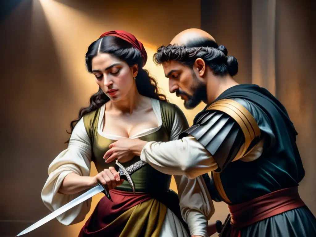 Pintura acuarela detallada de 'Judith decapitando a Holofernes' de Caravaggio, con realismo dramático y profundidad emocional