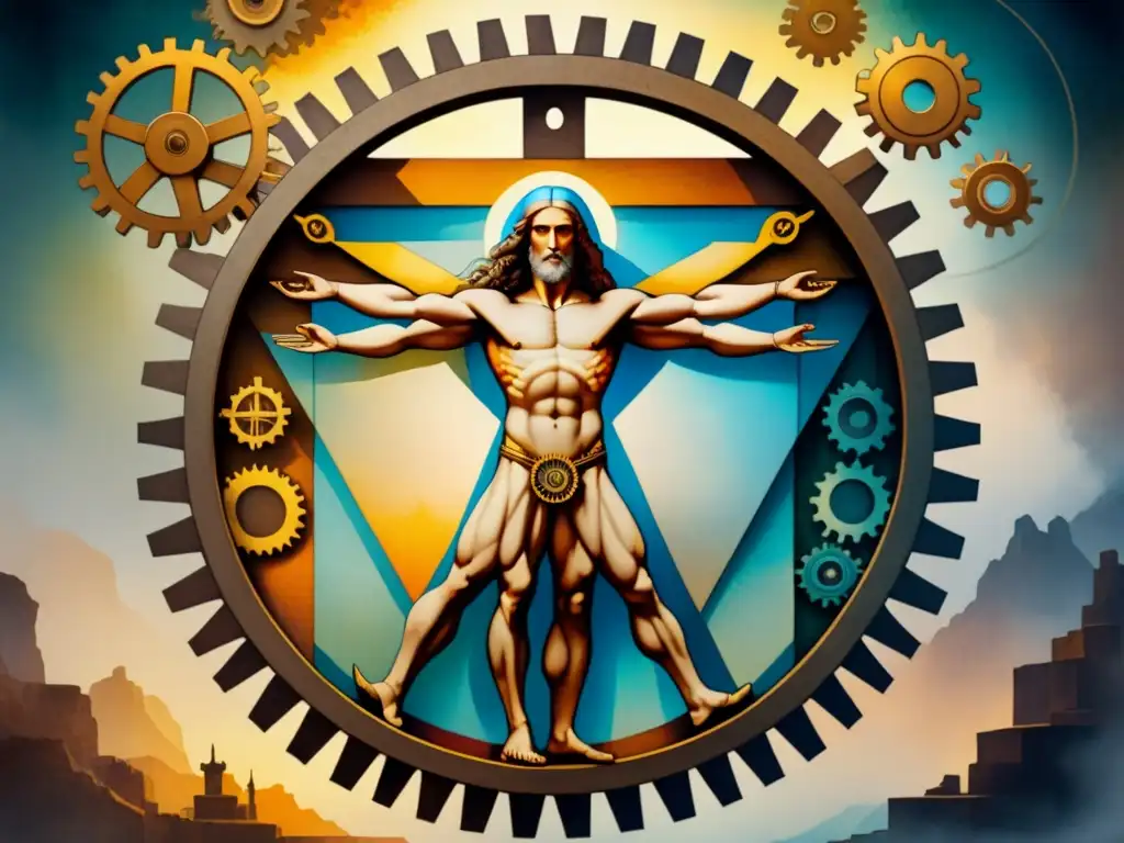 Arte y ciencia entrelazados: Vitruviano con engranajes vibrantes Una pintura detallada del 'Hombre de Vitruvio' rodeado de engranajes, representando la proporción perfecta entre arte y ciencia