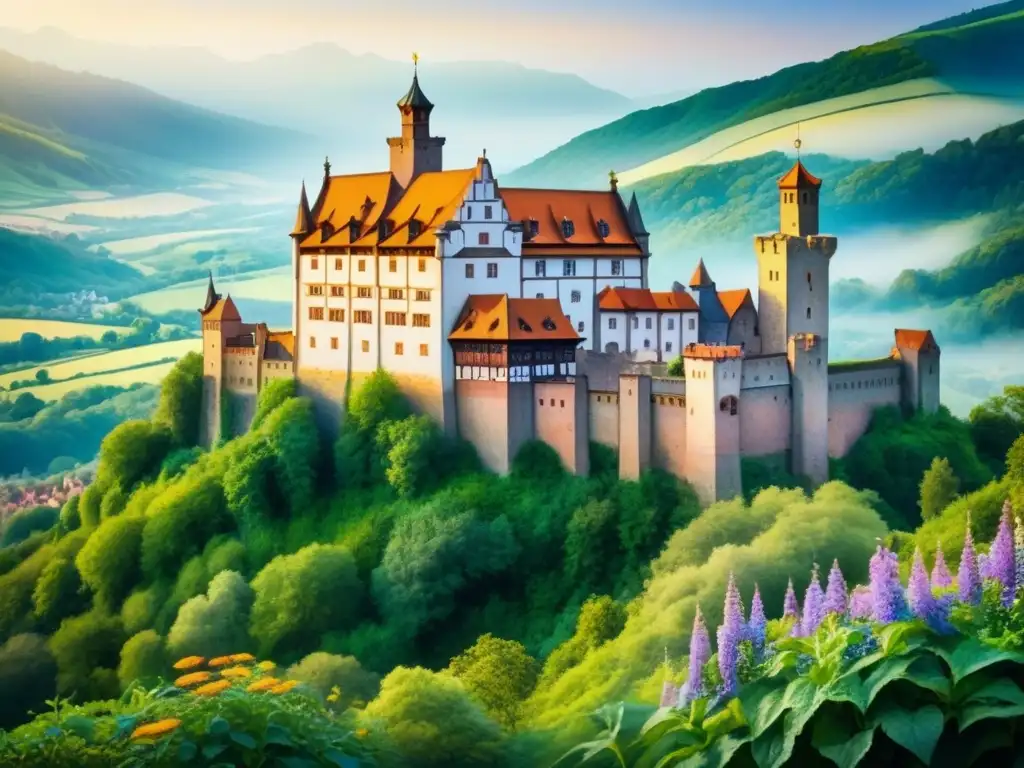 Pintura acuarela detallada de la icónica fachada del Castillo de Wartburg en paisaje alemán, mostrando su arquitectura medieval en un entorno sereno