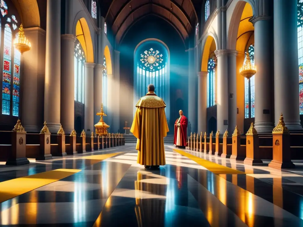 Pintura detallada de iglesia barroca con iconografía religiosa, reflejando una atmósfera serena y espiritual