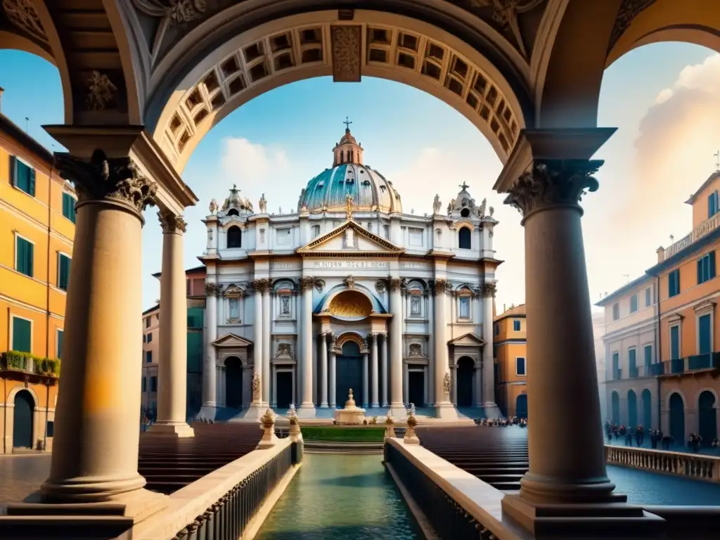 Pintura detallada de la iglesia de San Carlo alle Quattro Fontane en Roma, con arquitectura barroca y técnicas constructivas