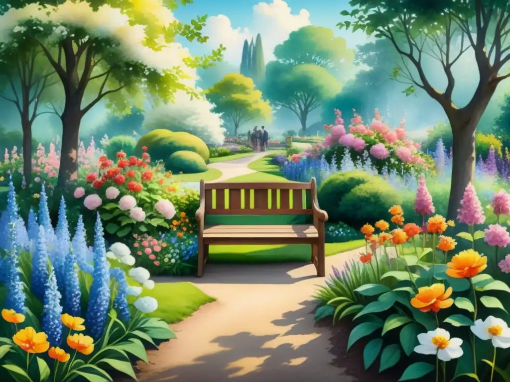 Pintura acuarela detallada de un jardín impresionista vibrante y sereno, lleno de flores coloridas en plena floración