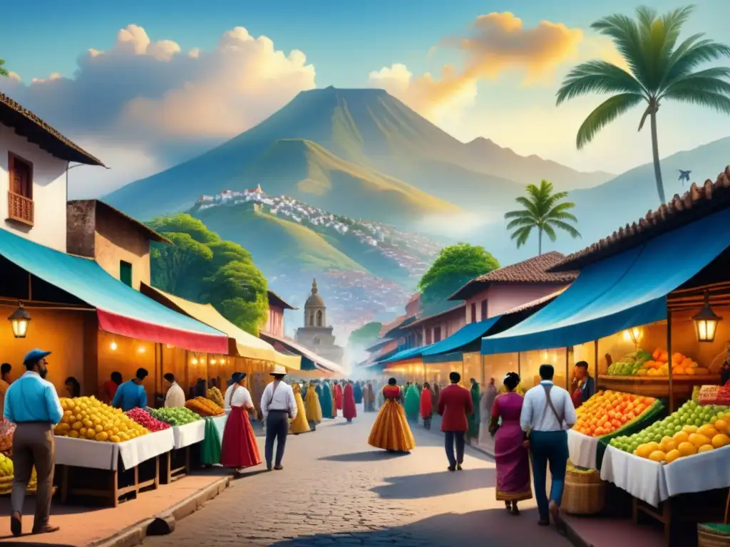 Pintura detallada con influencias Renacimiento en América Latina: ciudad colonial, gente, mercado, vegetación tropical y montañas