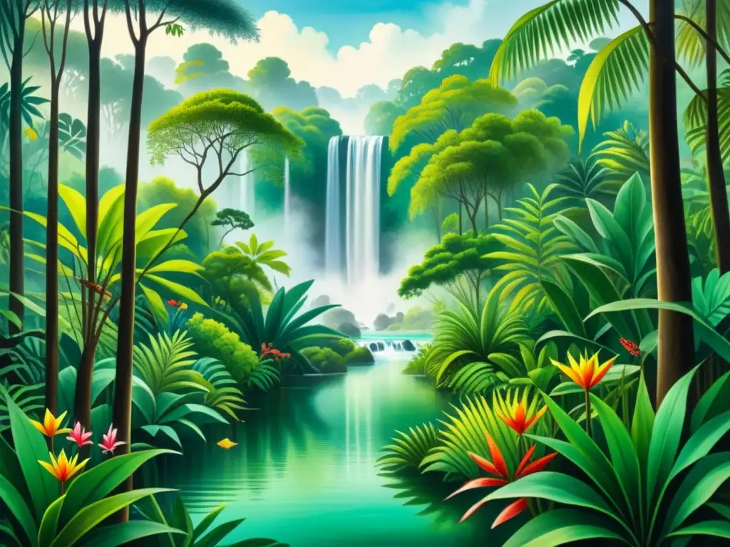 Pintura detallada inspirada en Rousseau, con exuberante jungla, flora, fauna y una cascada, reflejando su influencia en el arte postimpresionista