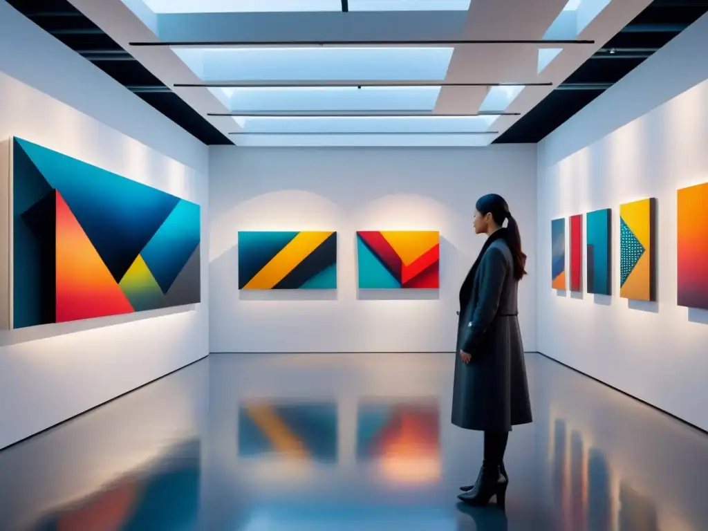 Una pintura acuarela detallada de una instalación artística futurista en una galería minimalista