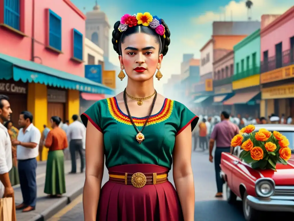 Pintura detallada de Frida Kahlo en una intersección vibrante de la Ciudad de México