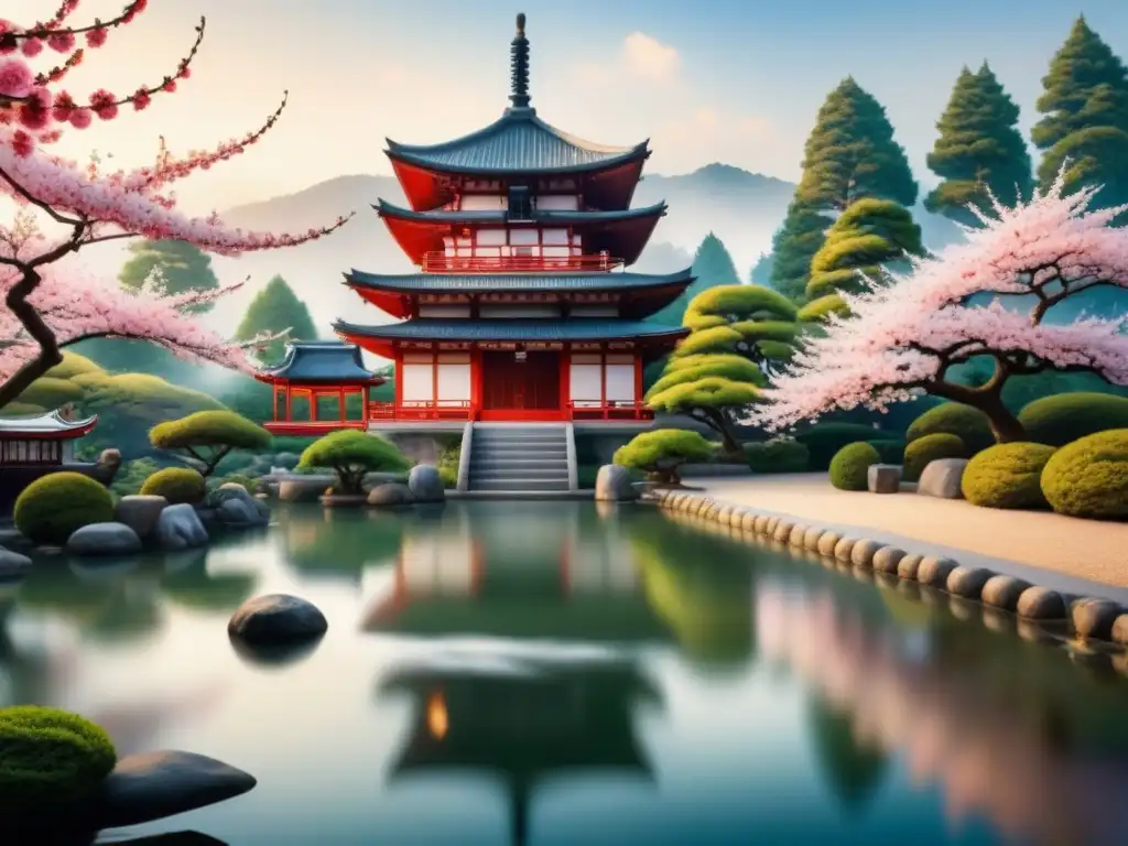 Pintura acuarela detallada de jardín japonés con cerezos florecidos, pagoda y estanque de carpas koi