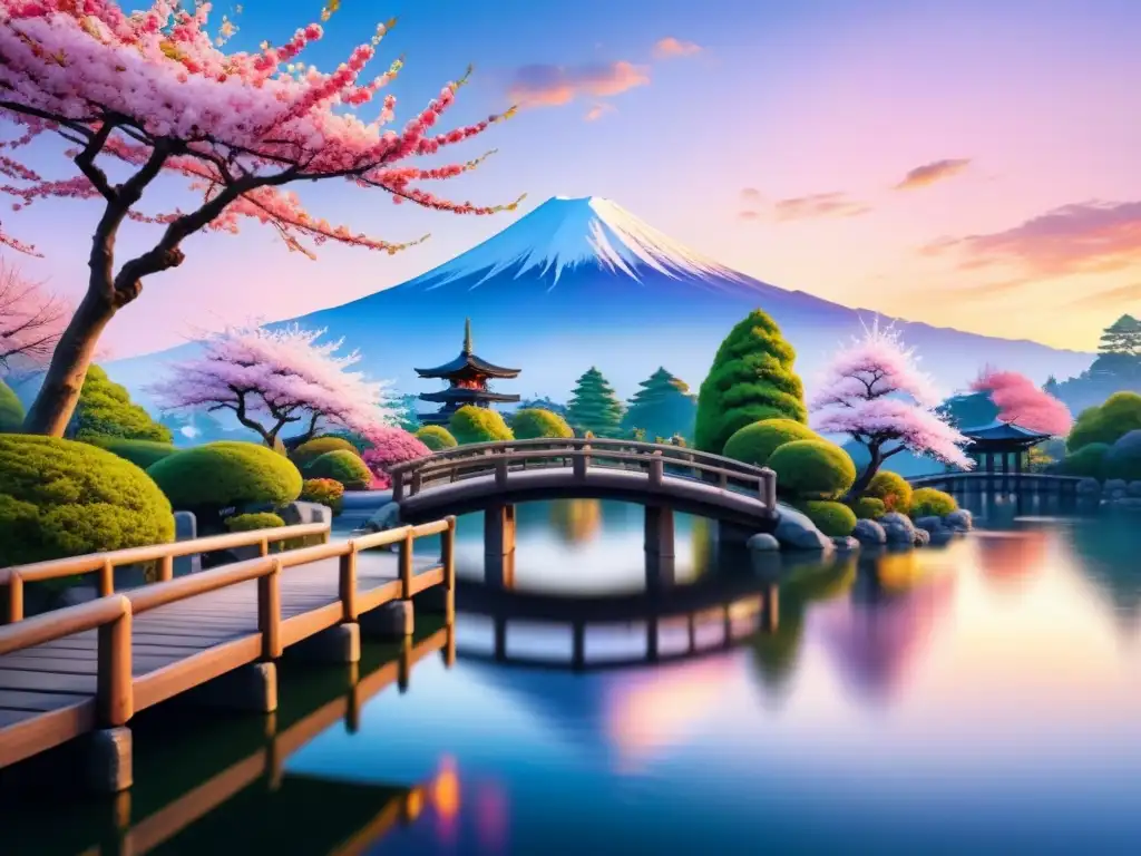 Pintura acuarela detallada de jardín japonés con cerezos en flor, puente de madera y Mount Fuji al atardecer