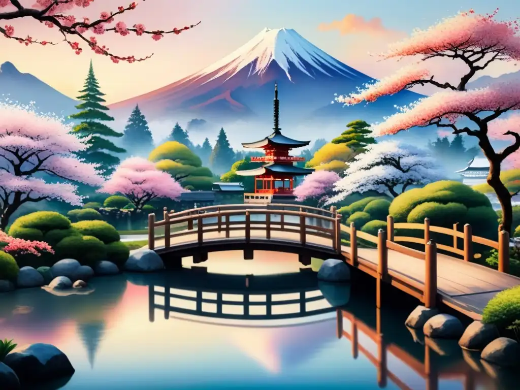 Pintura detallada de jardín japonés con cerezos en flor, puente de madera, koi en estanque y Monte Fuji al atardecer