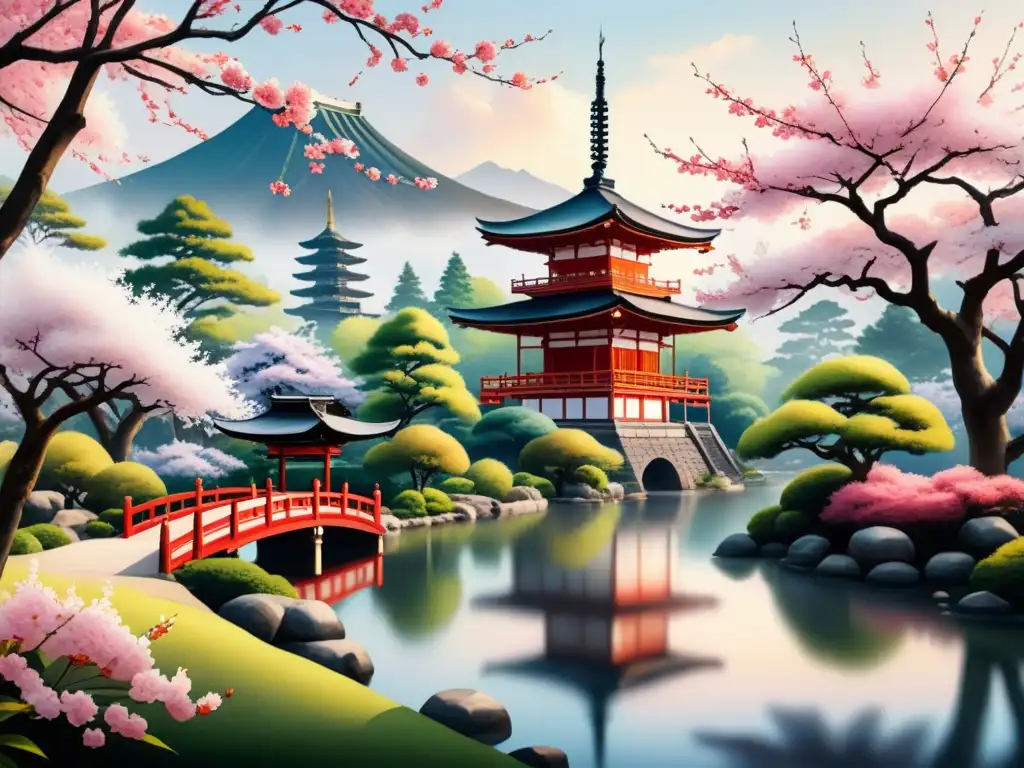 Jardín japonés con cerezos en flor: acuarela detallada Pintura detallada de jardín japonés con cerezos en flor y pagoda