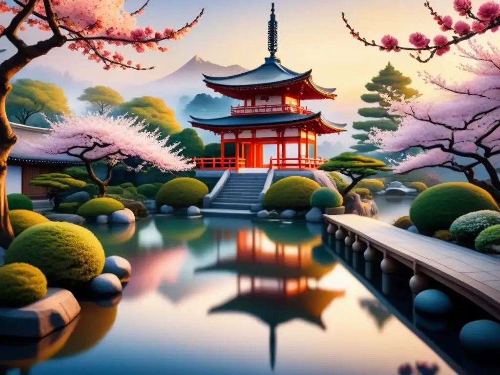 Pintura acuarela detallada de jardín japonés con cerezos en flor, pagoda tradicional y estanque de koi al atardecer