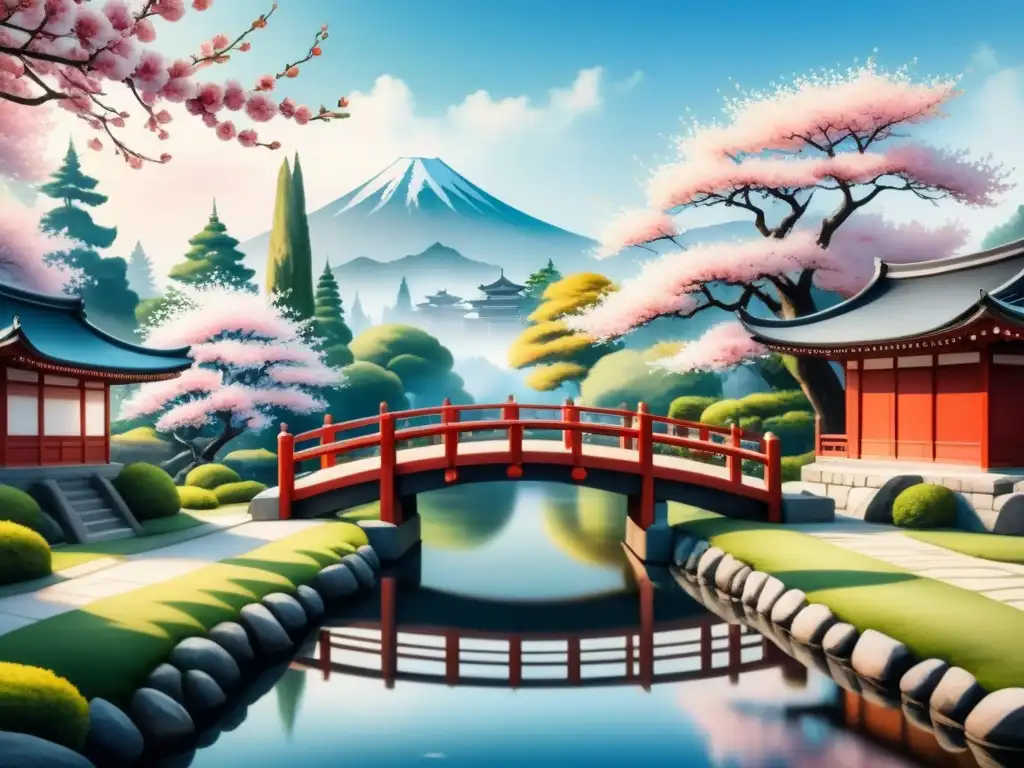 Pintura detallada de jardín japonés con cerezos en flor, estanque sereno y puente de piedra