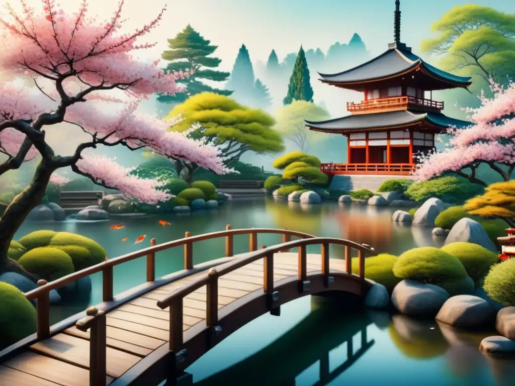 Pintura acuarela detallada de jardín japonés con cerezos en flor, puente de madera sobre estanque con peces koi y pagoda tradicional entre vegetación exuberante