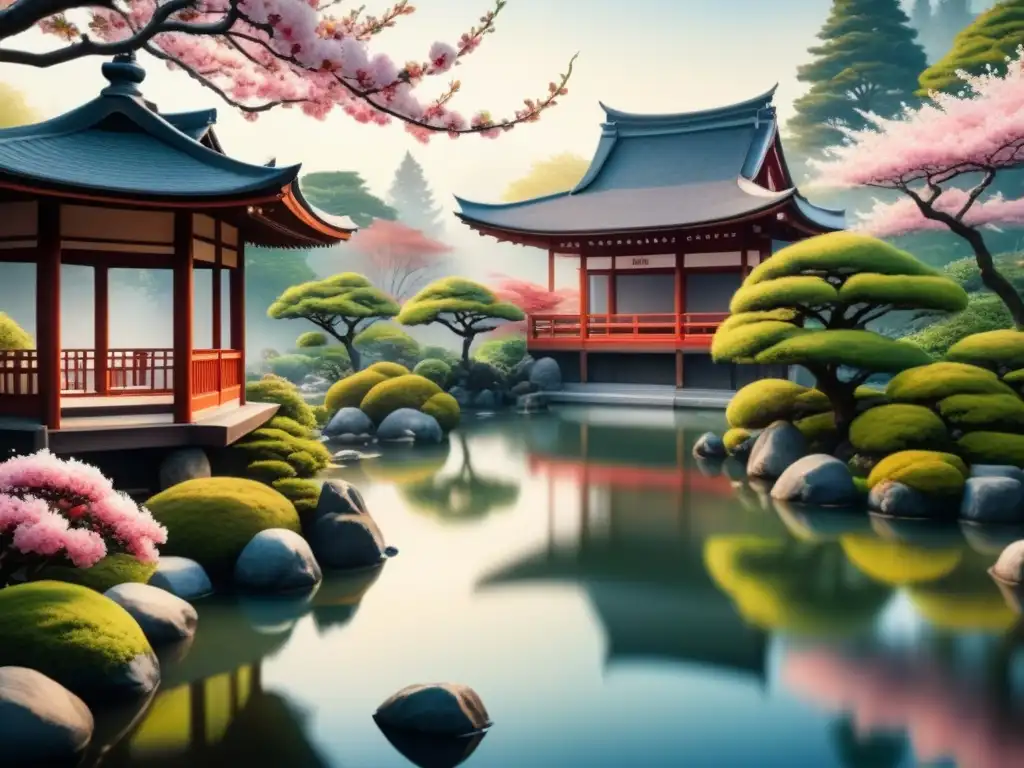 Pintura detallada de jardín japonés con cerezos en flor reflejados en estanque de peces