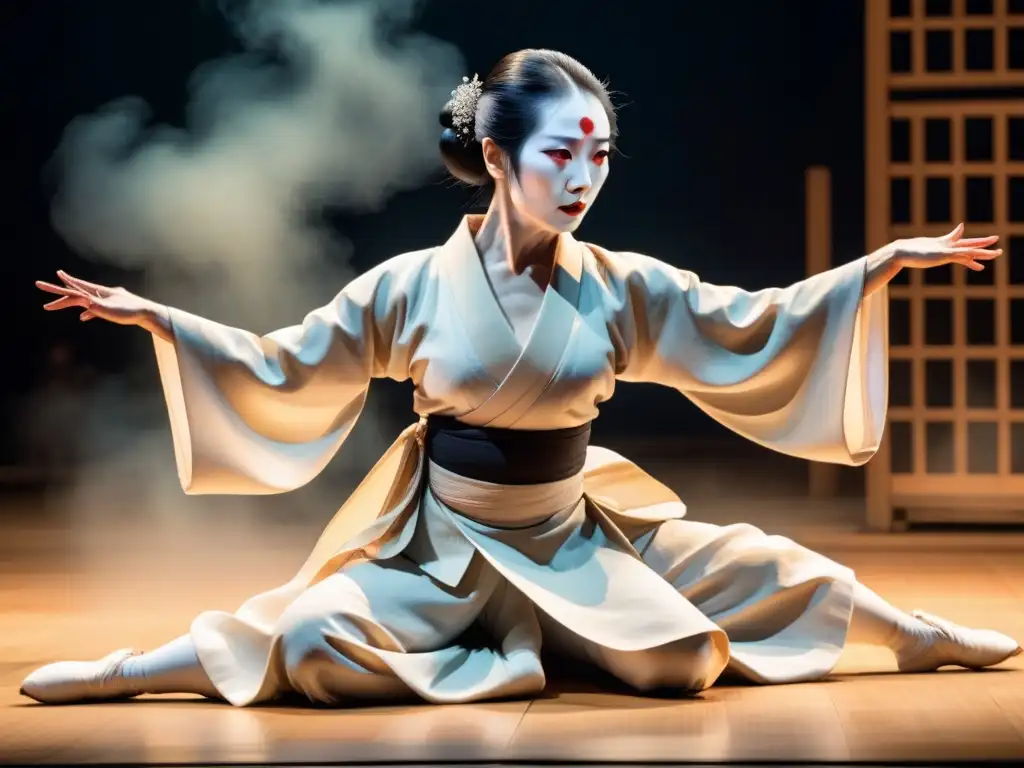 Pintura detallada de Butoh japonés, expresando emociones en escena