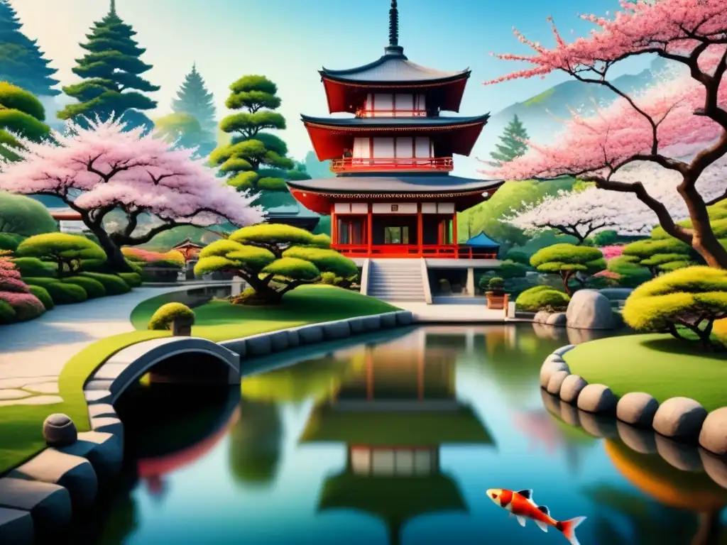 Pintura detallada de jardín japonés con pagodas, árboles de cerezo en flor y estanque de peces koi reflejando colores