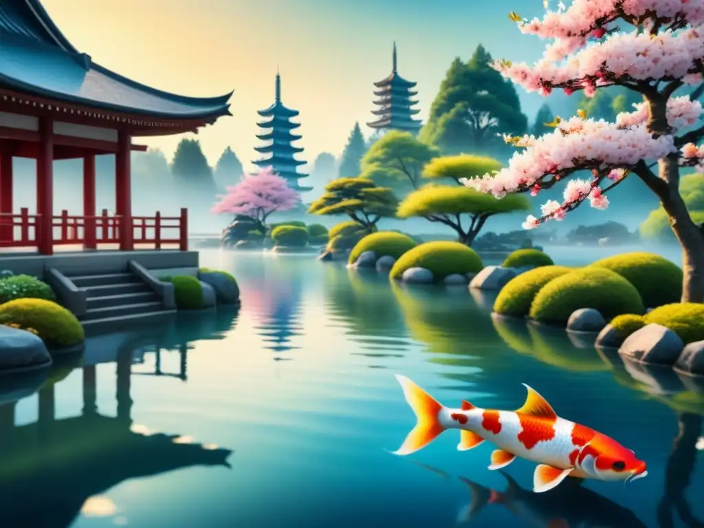 Pintura acuarela detallada de jardín japonés con peces koi, cerezos en flor y pagoda