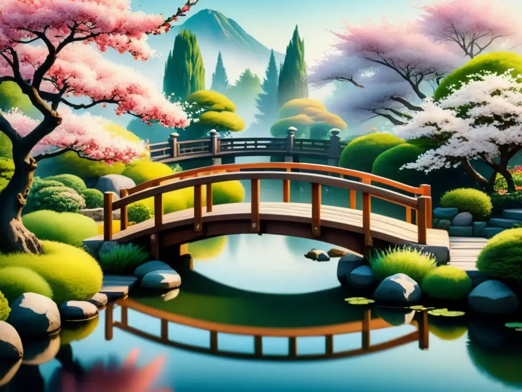 Pintura detallada de jardín japonés con puente de madera sobre estanque de koi, rodeado de cerezos en flor