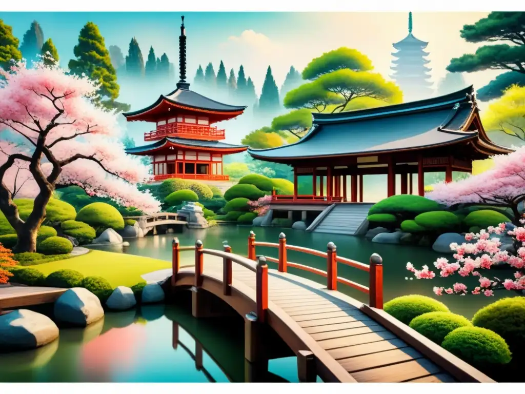 Pintura detallada de un jardín japonés sereno con árboles de cerezo vibrantes en plena floración, un puente de madera tradicional sobre un estanque tranquilo lleno de peces koi y una pagoda en el fondo rodeada de exuberante vegetación