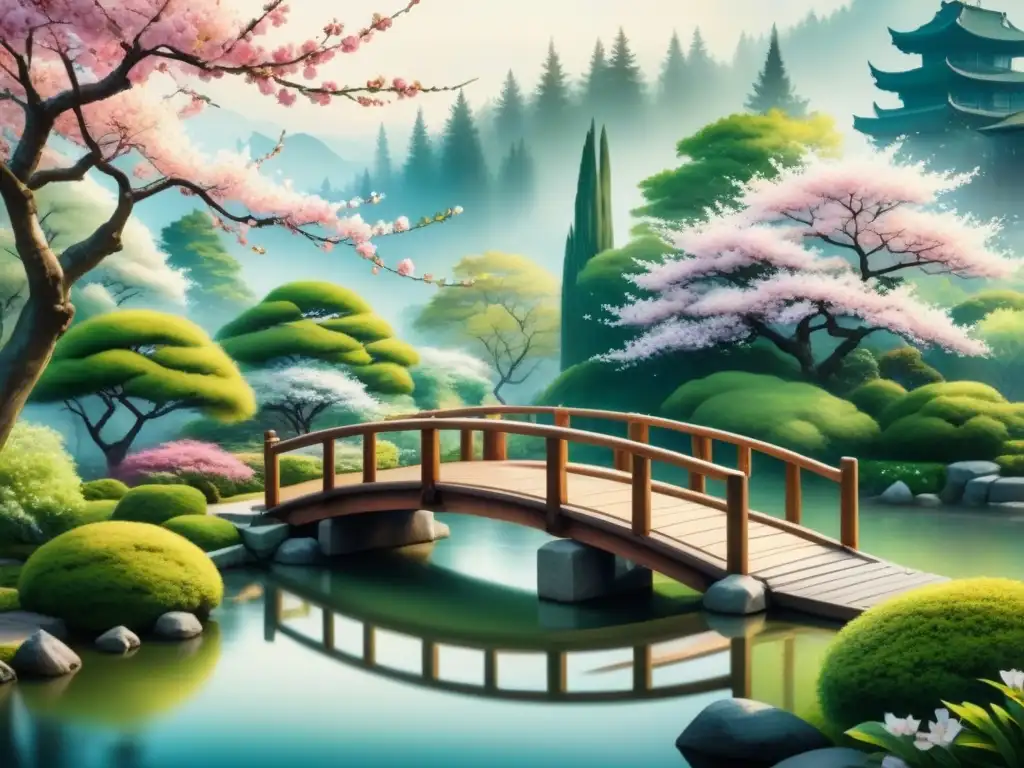 Pintura detallada de un jardín japonés sereno con puente de madera y flores de cerezo en floración, historia técnica arte visual caligrafía