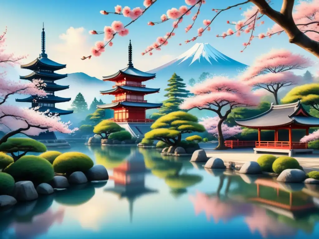 Pintura detallada de un jardín japonés sereno con cerezos en flor y una pagoda, influencia anime arte occidental