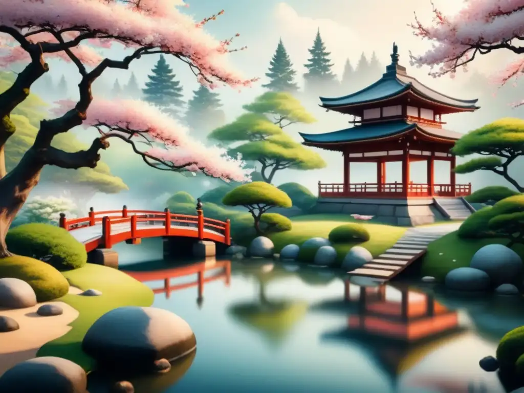 Pintura acuarela detallada en 8k de un jardín japonés sereno al amanecer, con árboles de cerezo en flor y estanque de koi