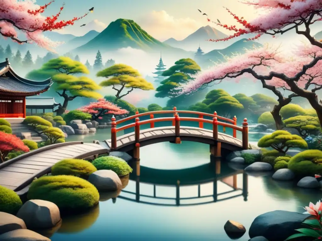 Pintura detallada de un jardín japonés sereno con puente de madera sobre estanque de peces koi y árboles de cerezo en flor