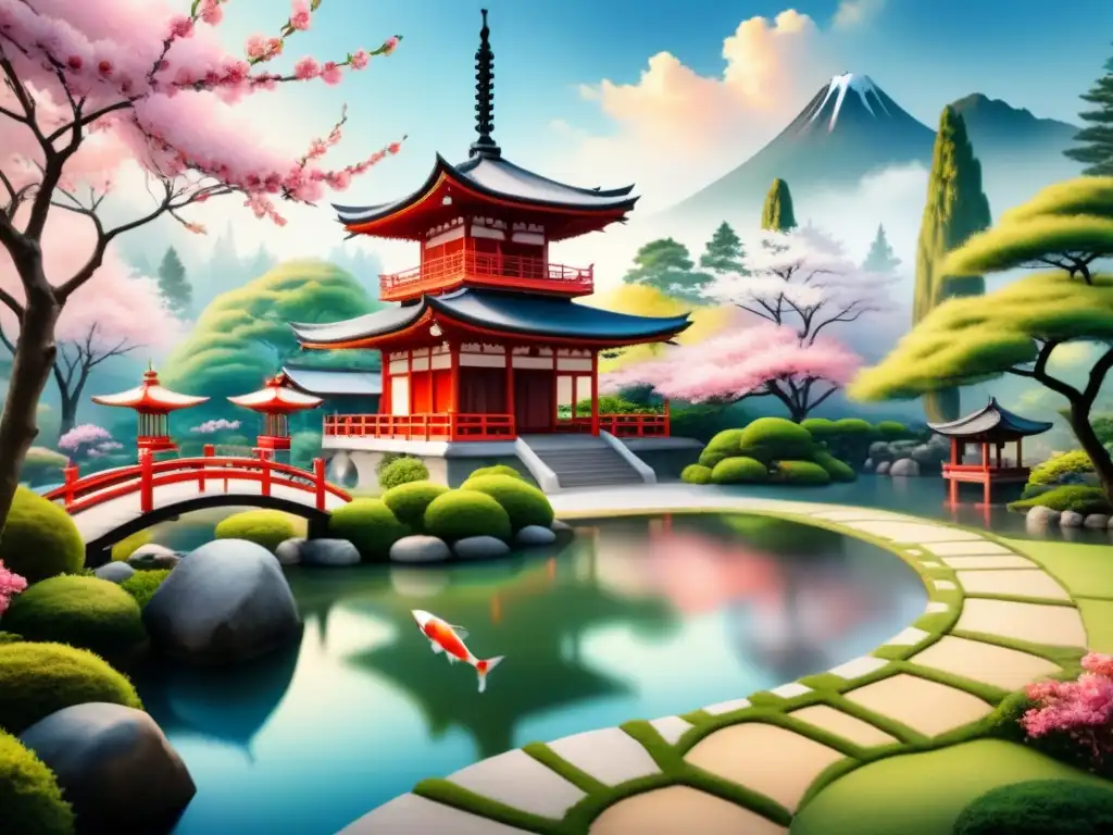 Pintura acuarela detallada de jardín japonés tranquilo con cerezos en flor, estanque de peces koi y pagoda tradicional entre exuberante vegetación