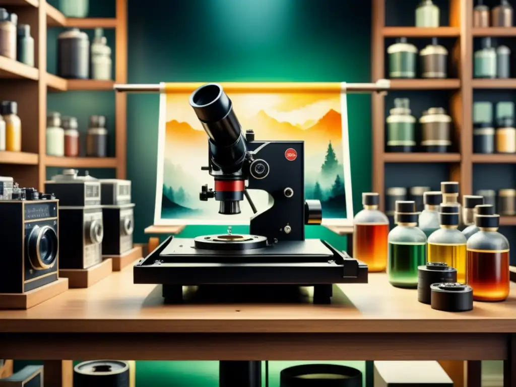 Una pintura detallada de un laboratorio fotográfico analógico, transmitiendo nostalgia y artesanía