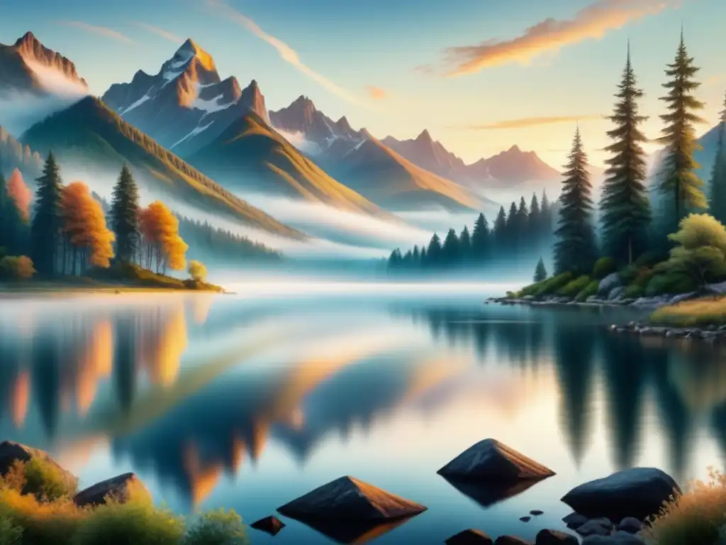 Pintura detallada de un lago sereno al crepúsculo, con montaña majestuosa al fondo, capturando la belleza etérea de una larga exposición