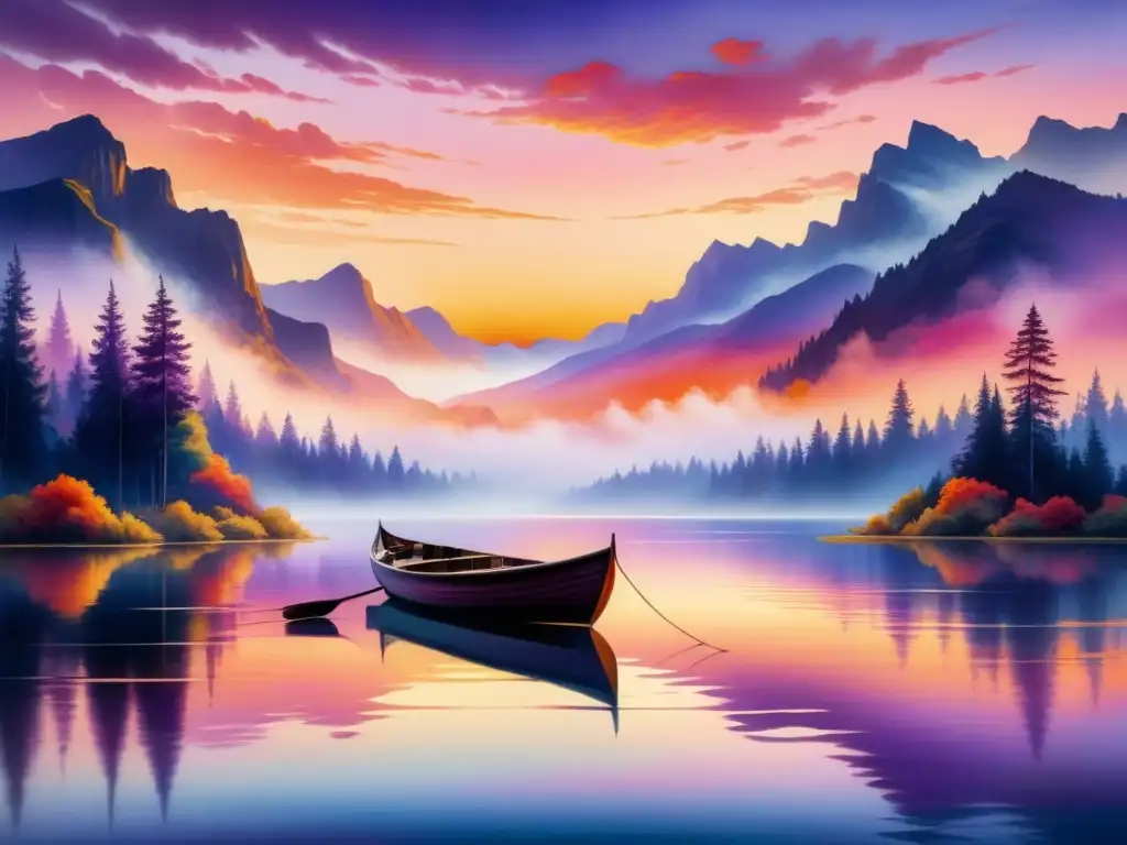 Pintura detallada de un lago sereno reflejando un atardecer vibrante, con impacto emocional del color en tonos cálidos