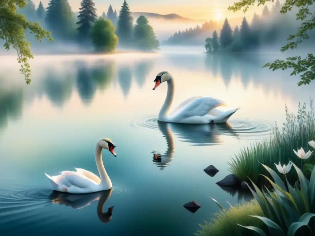 Pintura detallada de un lago sereno al amanecer, con niebla sobre el agua y un cisne solitario