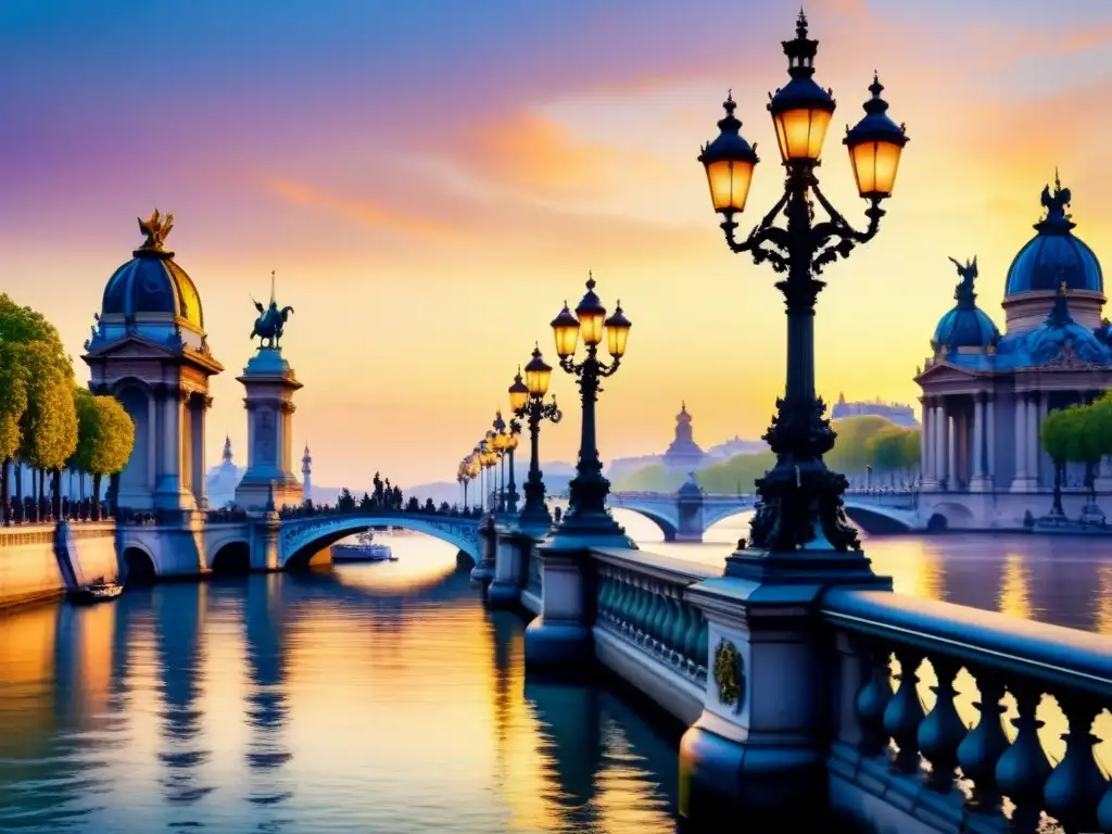 Pintura detallada de Pont Alexandre III en París con lámparas y esculturas, reflejando atardecer en el Sena